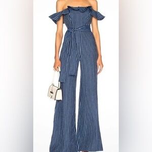 Alexis Jumpsuit Womens Large Blue Striped Off Shoulder Wide Leg Belted Sz S